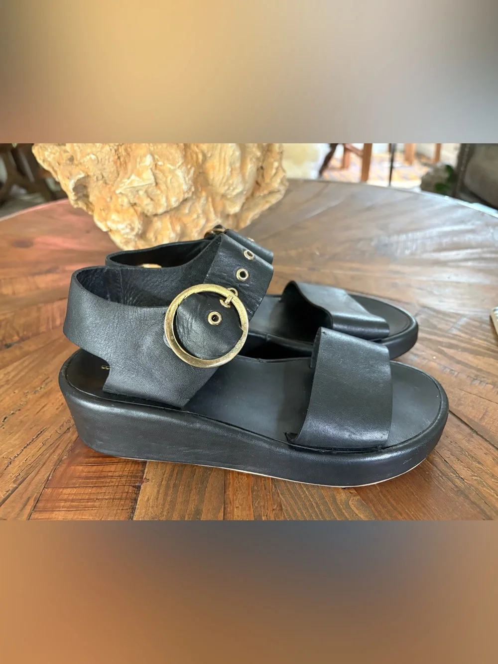 Beek Swan Black Leather Platform Sandals with gold buckles 8